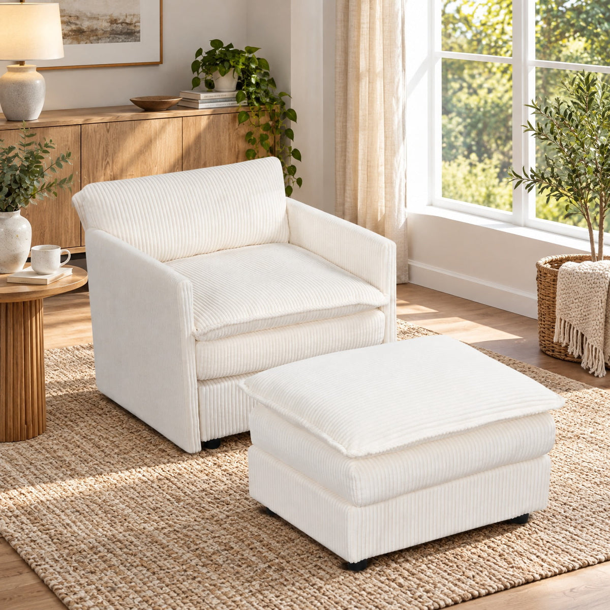 Airfind Oversized Accent Chair with Ottoman with Soft Corduroy Cushions, 400 Lbs Capacity, Corduroy with Corduroy Sponge Ply Wood Plastic, Unspecified