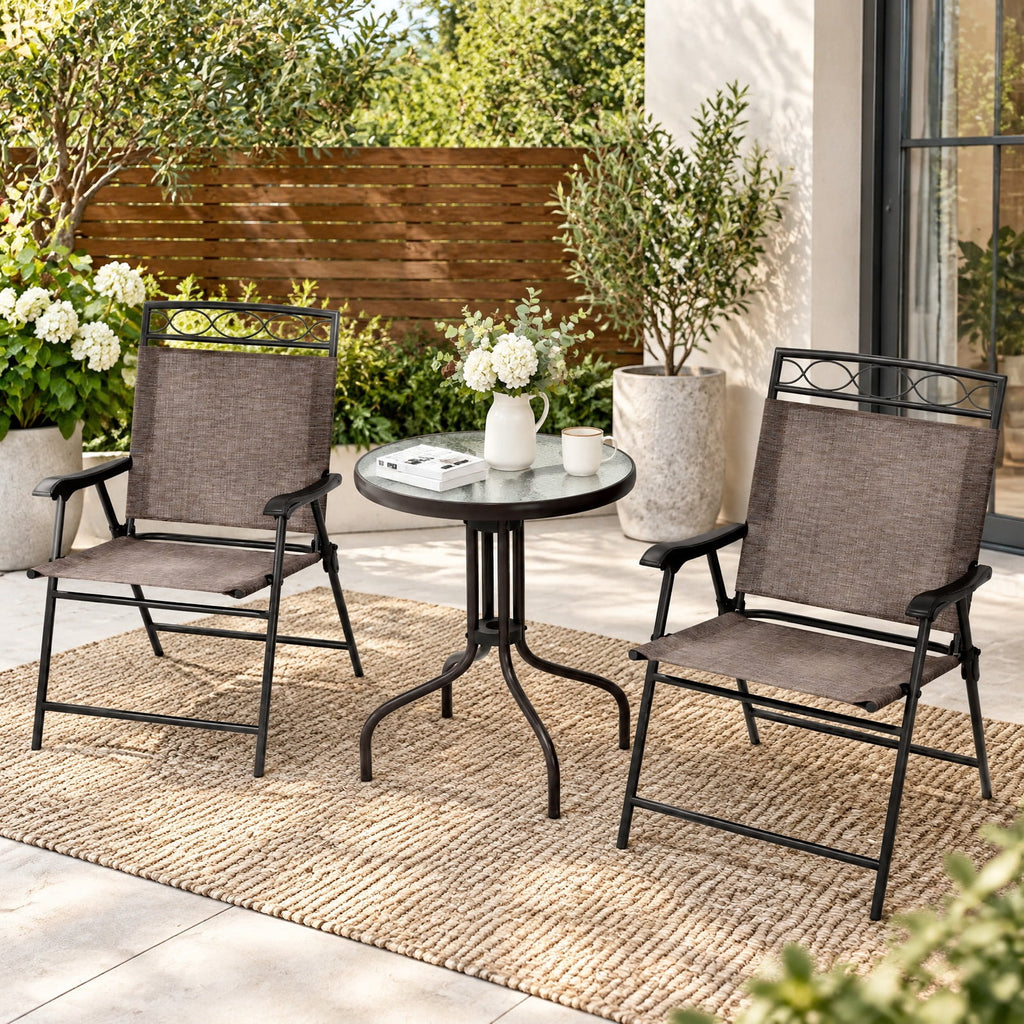 Airfind 3 Pieces Outdoor Bistro Dining Furniture Set with 1.57 Inch Umbrella Hole, 135 lbs Capacity, Fabric Metal Tempered Glass Frame