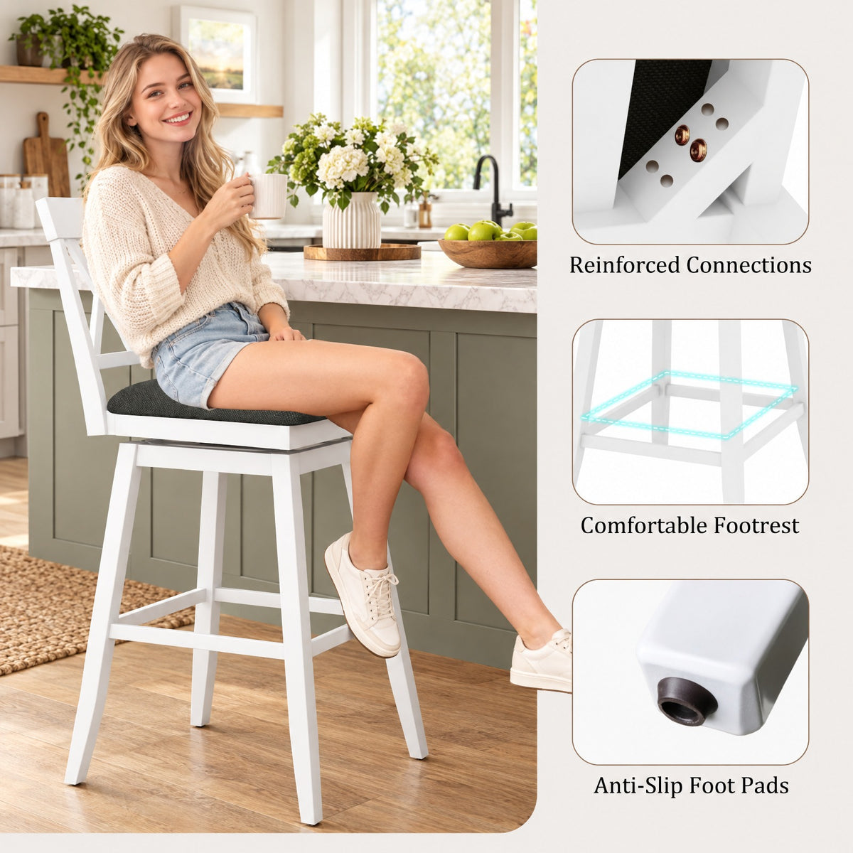 Airfind 29 Inch Counter Height Barstool with Backrest and Upholstered Seat Cushion for Kitchen Dining Room-29 Inch, 330 lbs Capacity, White