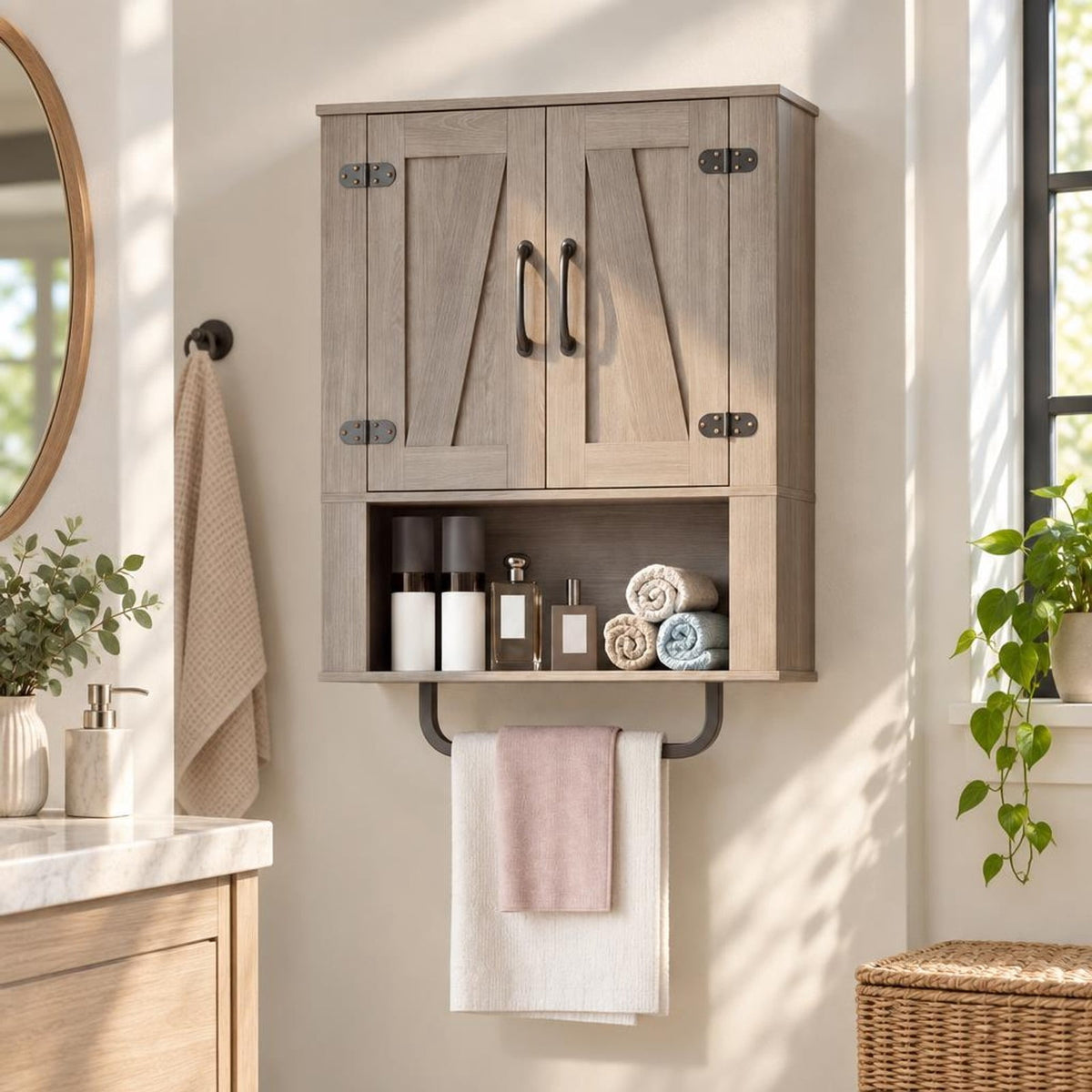 Airfind Bathroom Wall Cabinet with 2 Barn Doors and Towel Bar and 3-Tier Wooden Storage, 11 lbs Capacity, Engineered Wood MDF Metal Frame, Gray