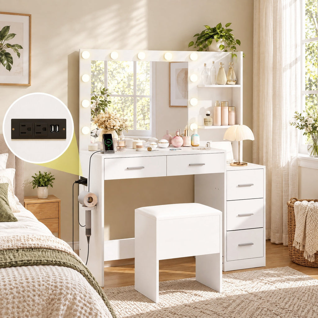Airfind Makeup Table and Stool Set with Hair Dryer Stand, 230 lbs Capacity, MDF Frame, 43.5in x 16in x 54in Footprint, White