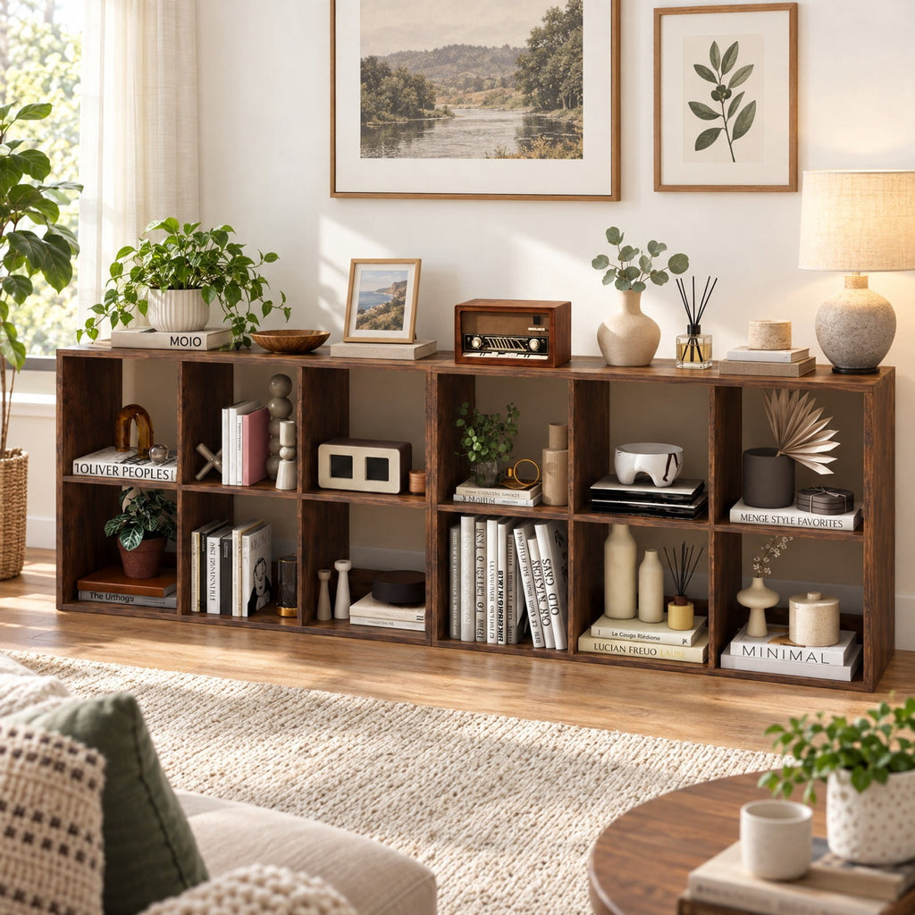 Airfind 6 Cube Bookshelf with Back Guardrail for Living Room Bedroom, 154 lbs Capacity, Engineered Wood Frame, 41 Inch x 13 Inch x 27.5 Inch Footprint, Brown