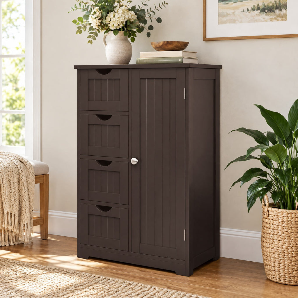 Airfind Standing Indoor Wooden Cabinet with 4 Drawers, 143 lbs Capacity, MDF Engineered Wood Frame, 21.5 Inch x 12 Inch x 32.5 Inch Footprint, Brown
