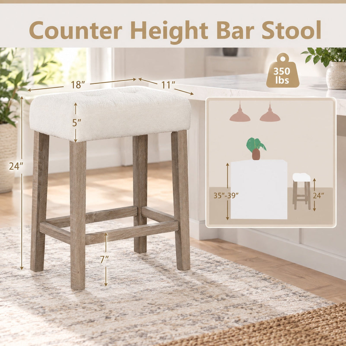 Airfind Modern Counter Height Bar Stools Set of 2 with Rubber Wood Legs, 350 lbs Capacity, Sherpa Fabric Rubber Wood MDF Sponge Frame, White