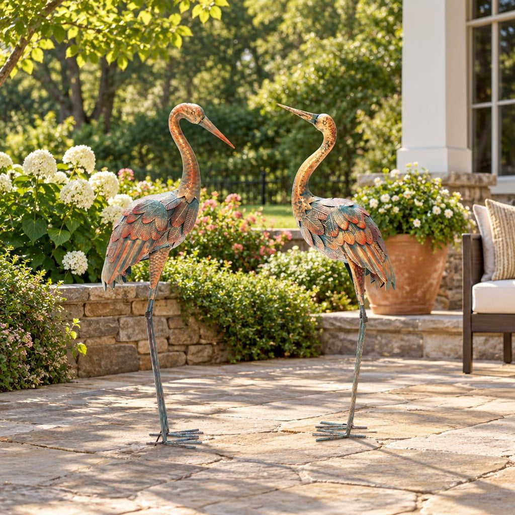 Airfind Set of 2 Crane Garden Statues Standing Metal Crane Sculptures Bird, Metal Frame, 2 standing lawn sculptures in total