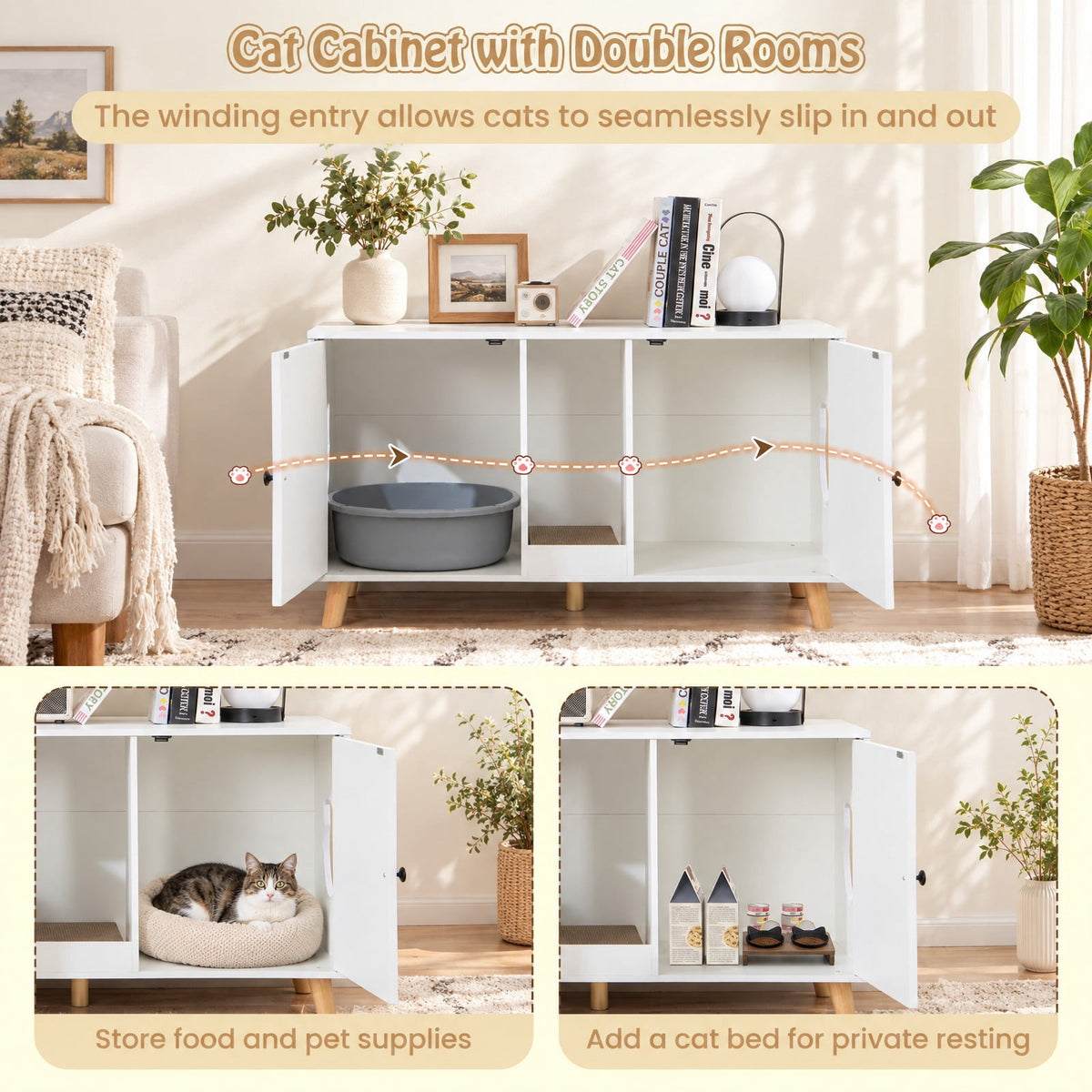 Airfind 43 Inches Cat Litter Box Enclosure with Double Rooms and 2 Sisal Scratching Mats, Engineered Board Frame, 43 x 20 x 24 Footprint, White
