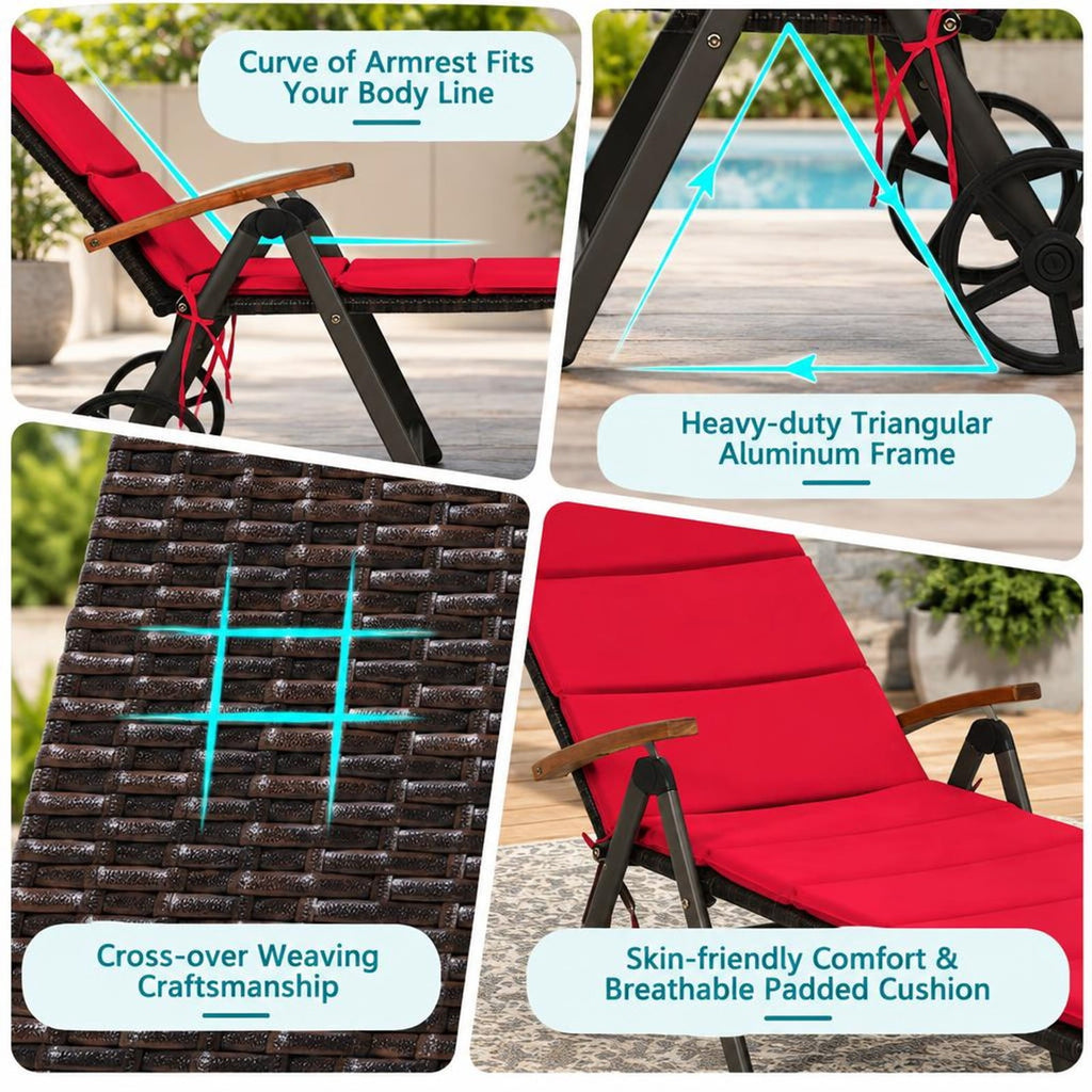 Airfind Outdoor Chaise Lounge Chair Rattan Lounger Recliner Chair, 385 lbs Height from ground to seat: 15.7 Capacity, PE rattan aluminum Frame, Red