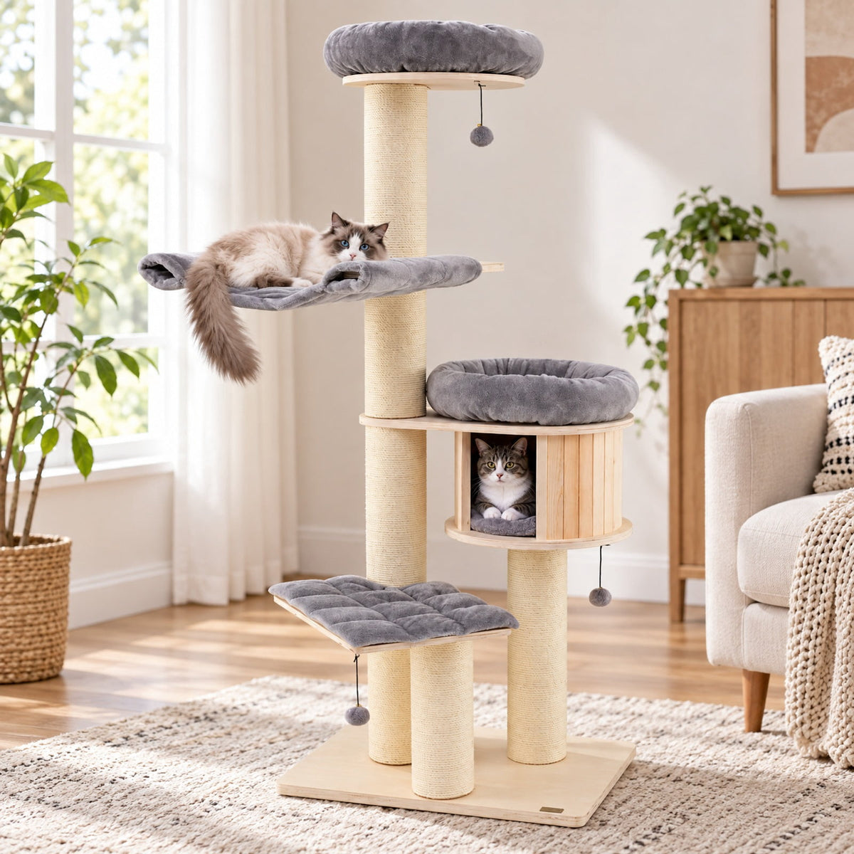 Airfind 4-Layer 68.5-Inch Wooden Cat Tree Condo Activity Tower with Sisal Posts, 33 lbs Capacity, Pine wood birch wood sisal plush Frame, Gray