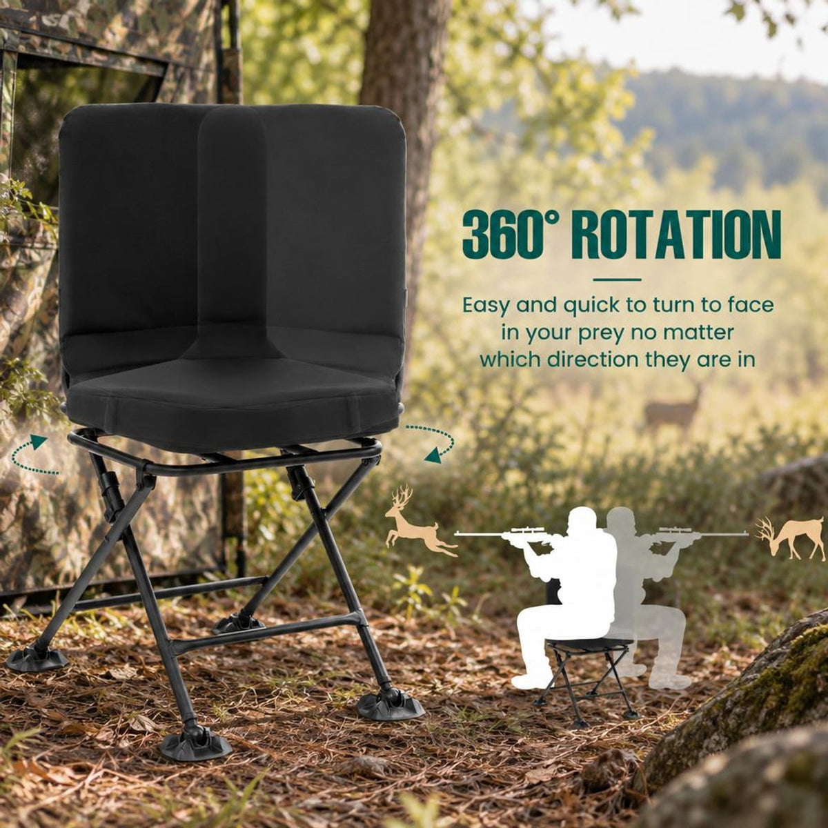 Airfind Swivel Folding Chair with Backrest and Padded Cushion, Sponge Steel Oxford Fabric PVC Frame, 19 Inch x 22 Inch x 35 Inch Footprint, Black