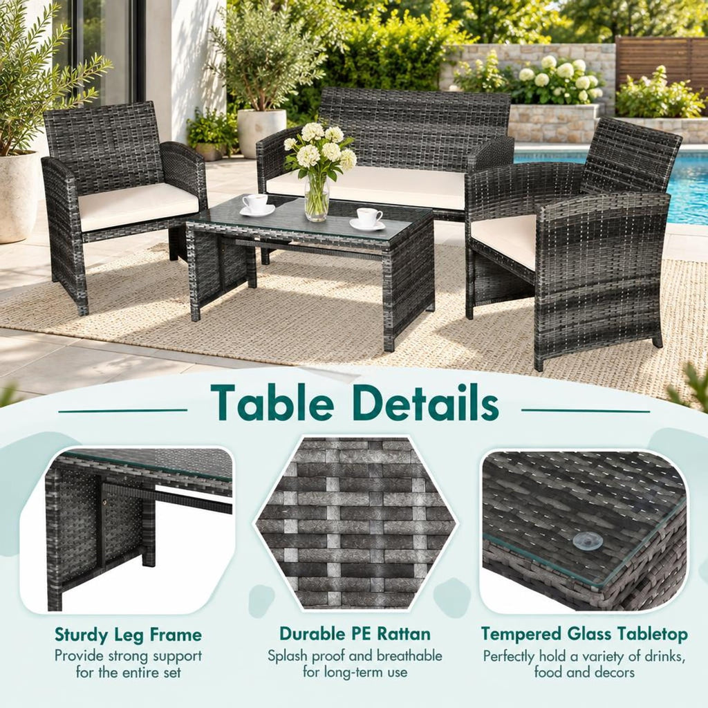 Airfind 4 Pcs Patio Rattan Furniture Set Top Sofa With Glass Table, PE Rattan Polyester Fiber Steel Sponge Single Sofa Frame, White