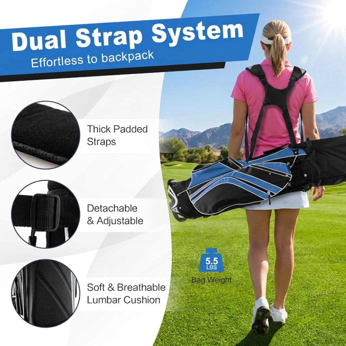 Airfind 10.5 in Golf Stand Bag with 14-Way Dividers and 7 Zippered Pockets featuring a rain hood with towel rings and dual carry straps for walking rounds, Navy