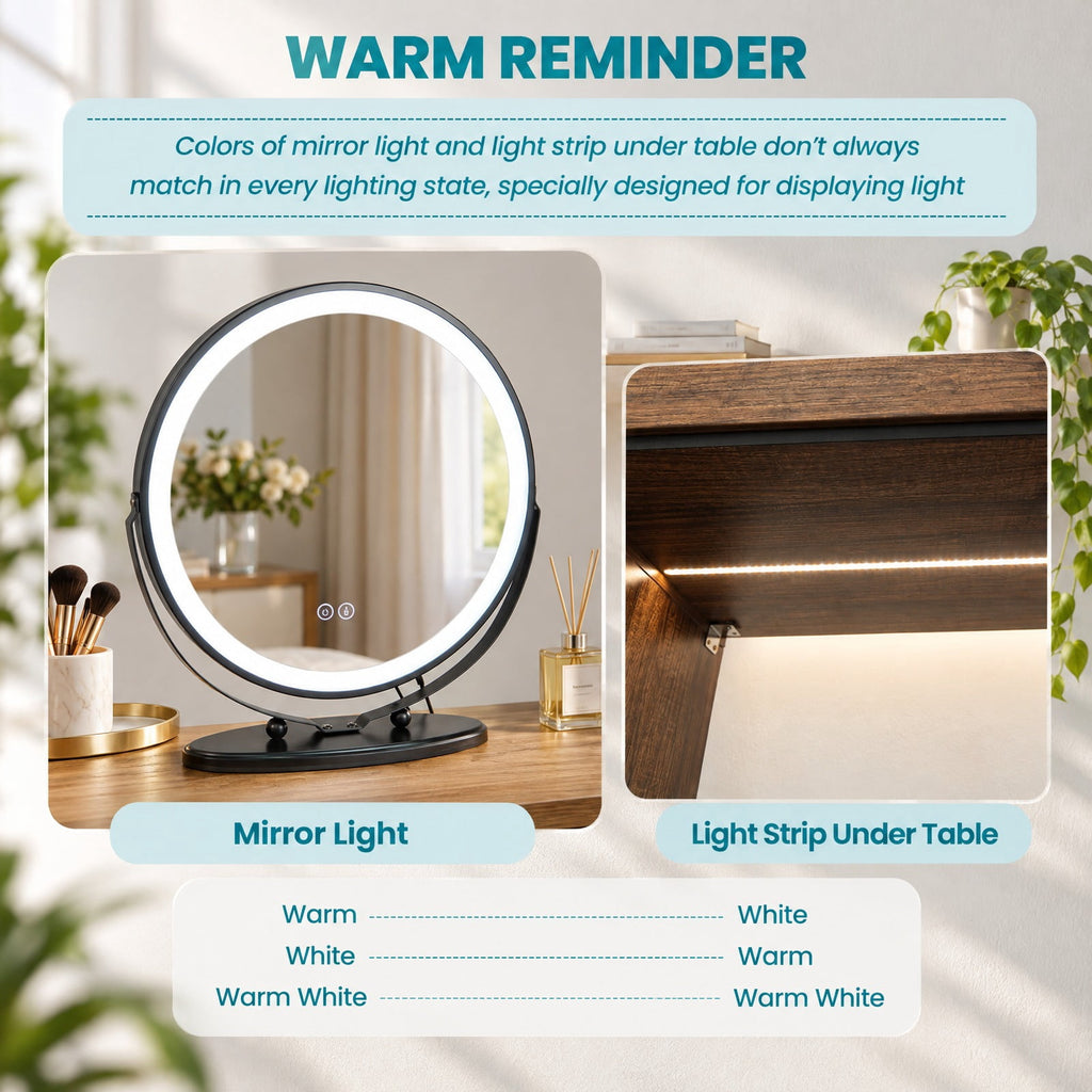 Airfind Vanity Table Set with 3-Color Lighted Mirror and Charging Station, 330 lbs Capacity, MDF Frame, 31.5inx 15.5inx 51in Footprint, Brown