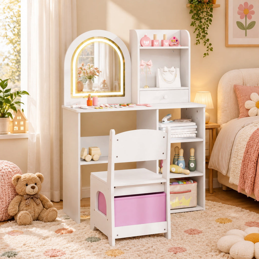 Airfind Kids Vanity Set Princess Girls Makeup Vanity Desk with Chair and 3-Color LED Lighted Mirror, 45 lbs Capacity, MDF Frame, White