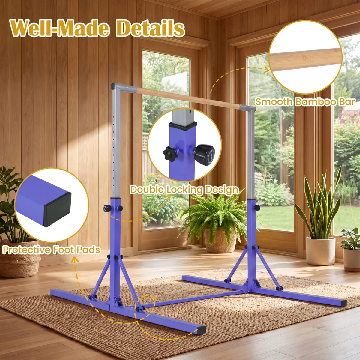 Airfind Foldable Gymnastics Bar for Kids with 3 Level Adjustable Height and Bamboo Grip Bar for Home Balance and Coordination Training, Purple