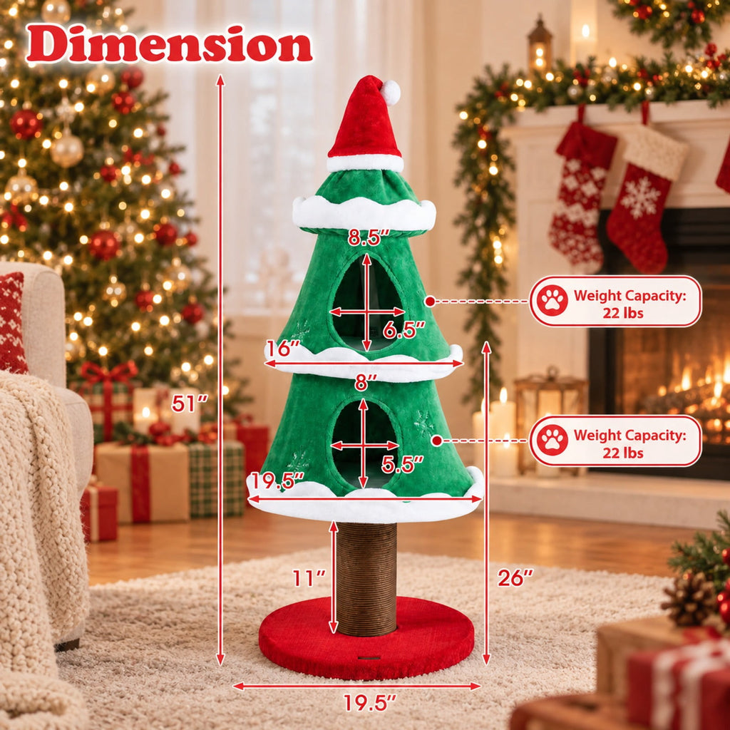 Airfind 51 Christmas Cat Tree with 2 Cozy Condos and Scratching Post for Pets, 19.5 x 19.5 x 51Height of Scratching Post 11Weight Footprint