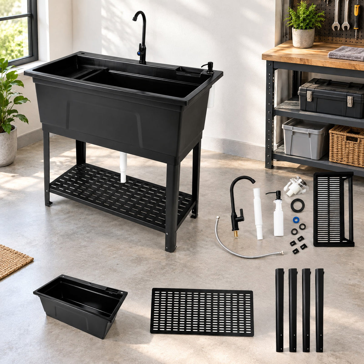 Airfind 100L Utility Sink Laundry Tub with Rotating Faucet and Storage Shelf, Sink 155 lbs Capacity, Metal ABS PP PE Stainless Steel Frame, Black