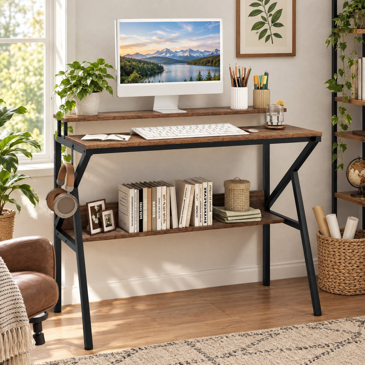 Airfind Space Saving Computer Desk with Monitor Stand and Extra Storage Shelf for Work Study, 200 lbs Capacity, Engineered Wood Metal Frame, Brown