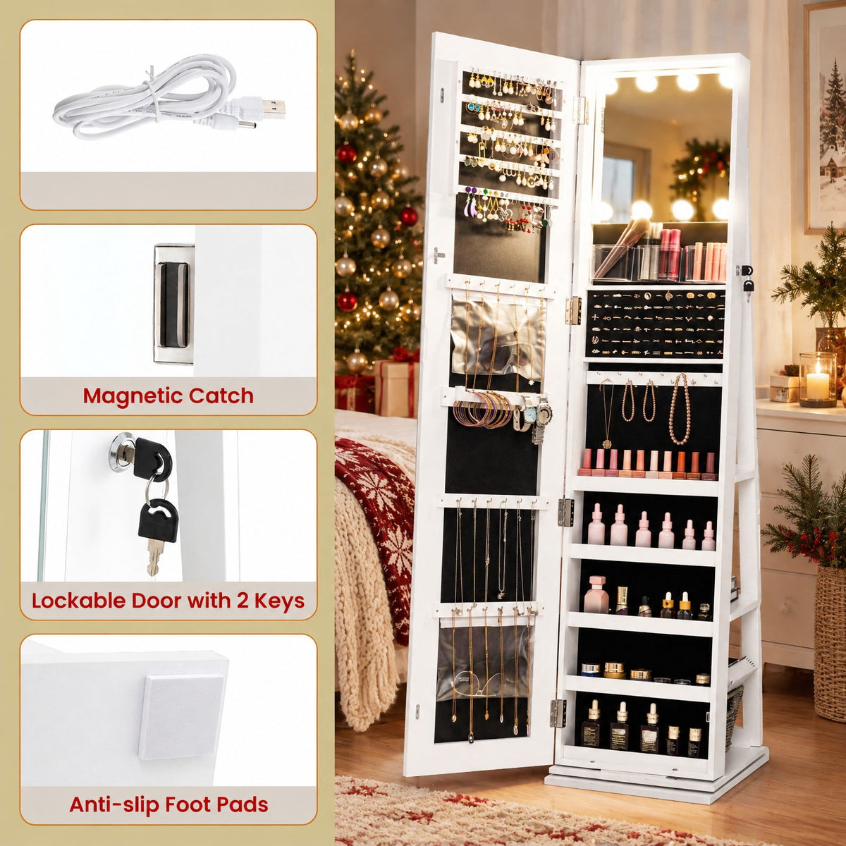 Airfind 360° Swivel Freestanding Jewelry Cabinet with Lighted Full Length Mirror, MDF Frame, White, Open storage shelves for easy reach