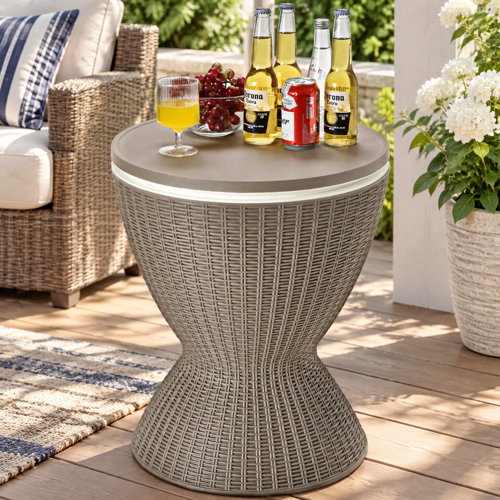 Airfind 3 in 1 8 Gallon Patio Rattan Cooler Bar Table with Adjust Ice Bucket, 165 lbs Capacity, PP Frame, Φ19 x 22.5 Footprint, Brown