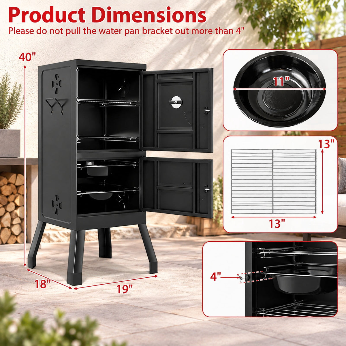 Airfind Vertical 2-Tier Outdoor Barbeque Grill with Temperature Gauge, Metal Frame, 19 x 18 x 40/48 x 45 x 102 cm Footprint, Black