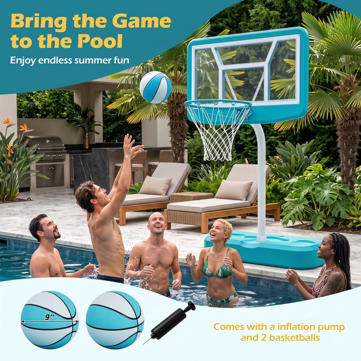 Airfind Pool Basketball Hoop Set with 2 Balls and Inflation Pump, Poolside Water Basketball Game with Weighted Base and Shatterproof Backboard for Indoor Outdoor, Blue