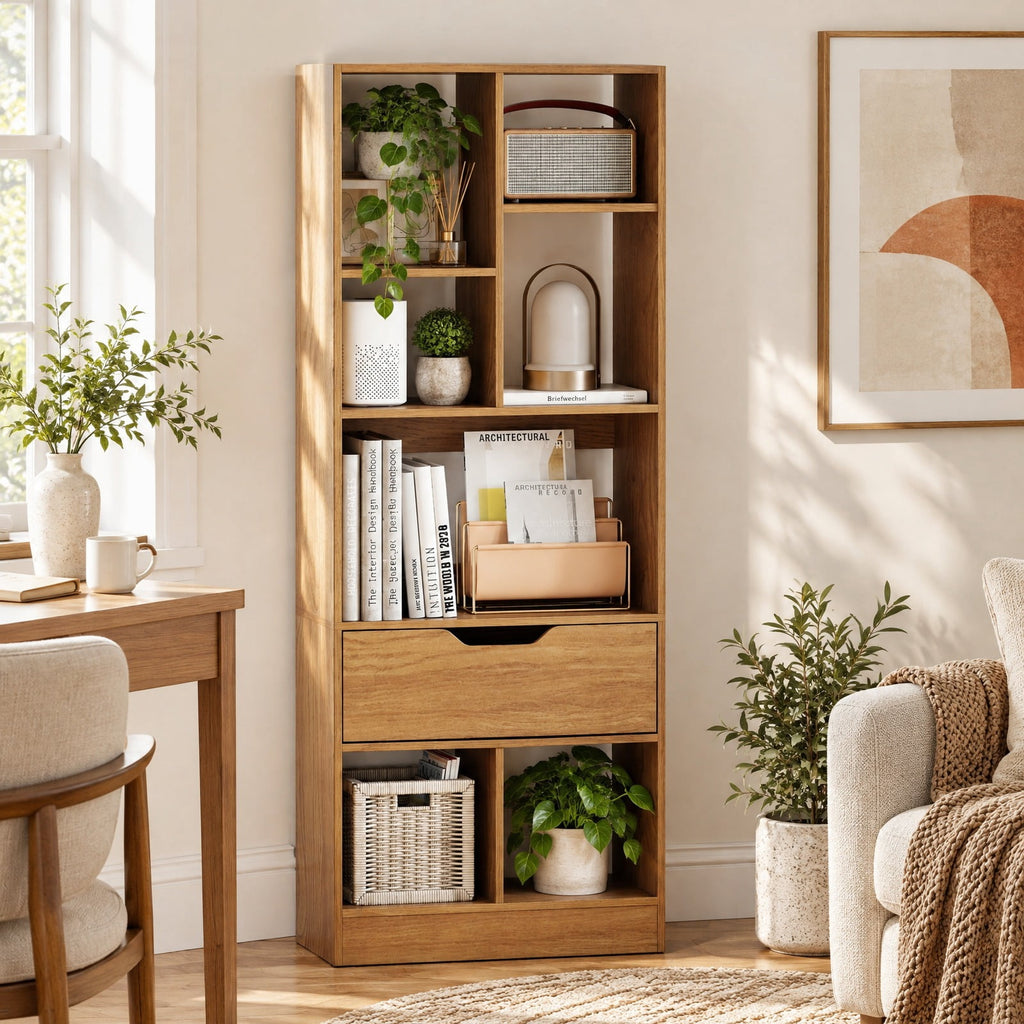 Airfind 51inch Tall Freestanding Bookcase with Drawer 7-Cube Storage Organizer, 165 lbs Capacity, Engineered Wood MDF Frame, Natural