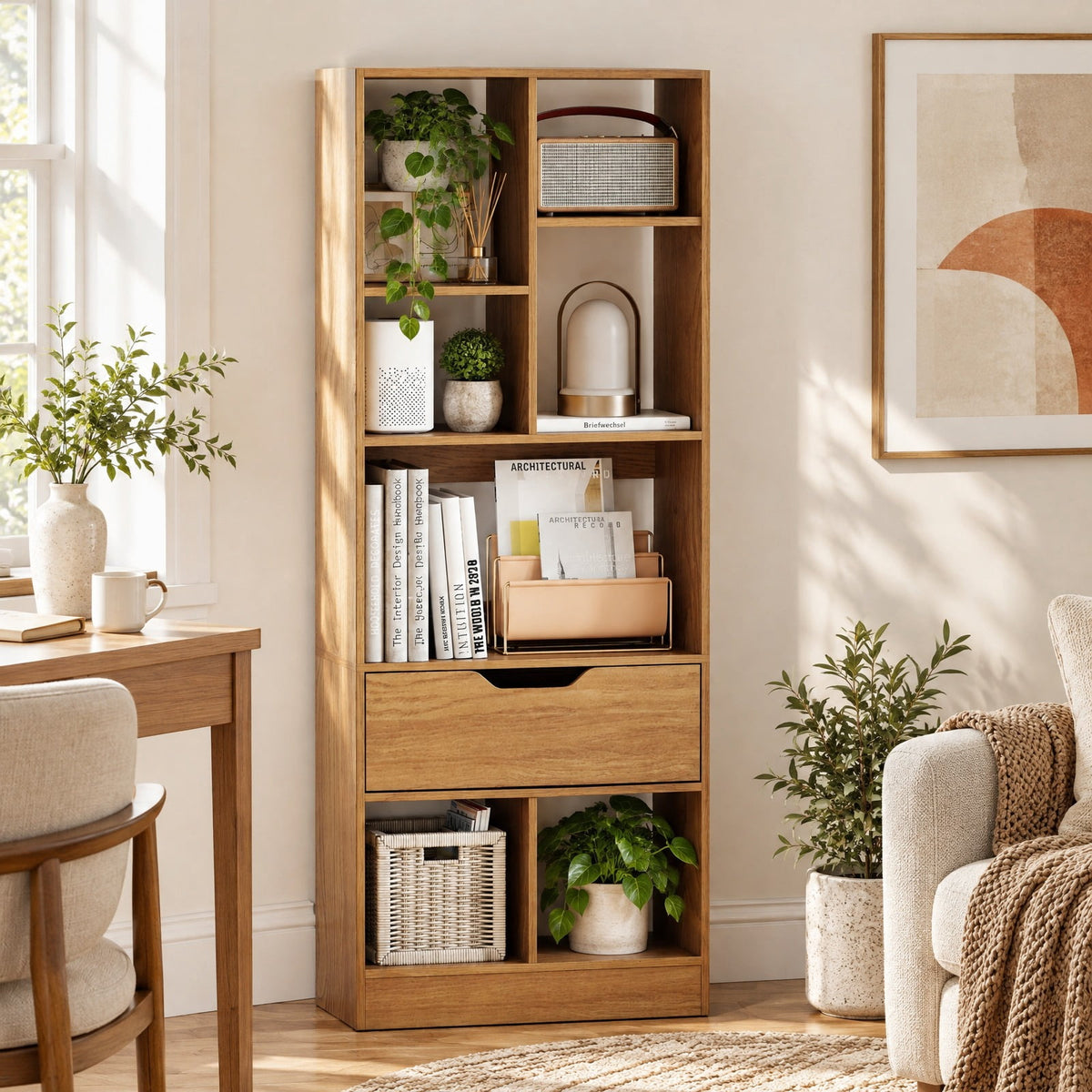 Airfind 51inch Tall Freestanding Bookcase with Drawer 7-Cube Storage Organizer, 165 lbs Capacity, Engineered Wood MDF Frame, Natural