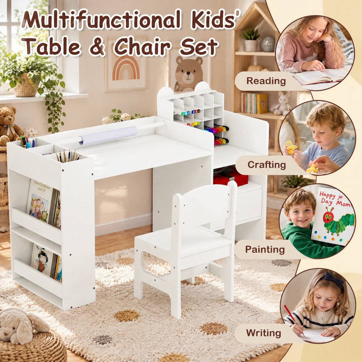 Airfind Kids Art Table and Chair Set with Detachable Paper Roll Holder and Cabinet, 66 lbs Capacity, MDF Frame, for 3+, White