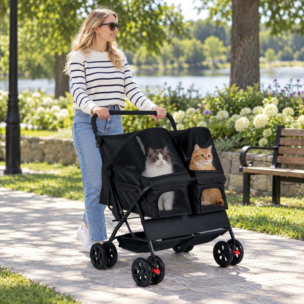 Airfind Foldable Double Pet Stroller with Adjustable Sunshade and Storage Basket, Aluminium Alloy Oxford Fabric PP EVA Frame, Black