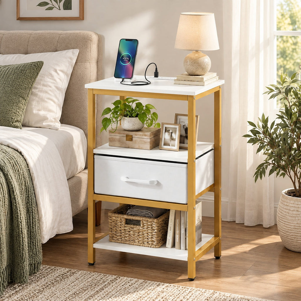 Airfind Nightstand with Charging Station and Adjustable Fabric Drawer for Bedroom and Living Room-1 Piece, 44 lbs Capacity, White and Gold