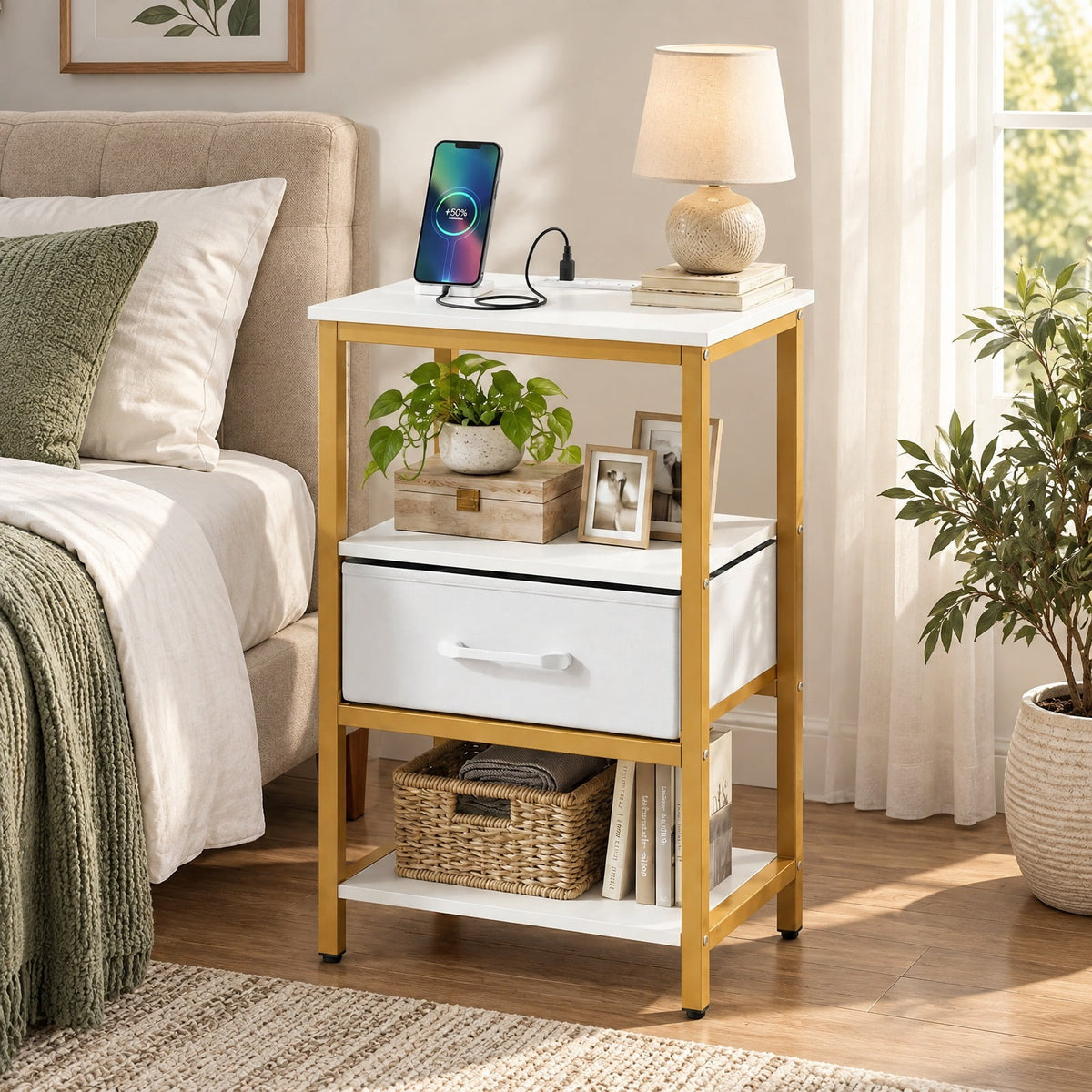 Airfind Nightstand with Charging Station and Adjustable Fabric Drawer for Bedroom and Living Room-1 Piece, 44 lbs Capacity, White and Gold