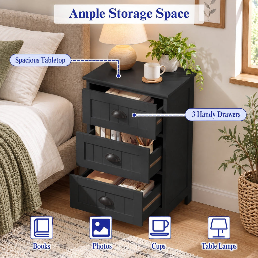 Airfind 3 Drawers End Storage Wood Side Nightstand, 88 lbs Capacity, P2 MDF Frame, 18 x 12 x 27 Footprint, Black