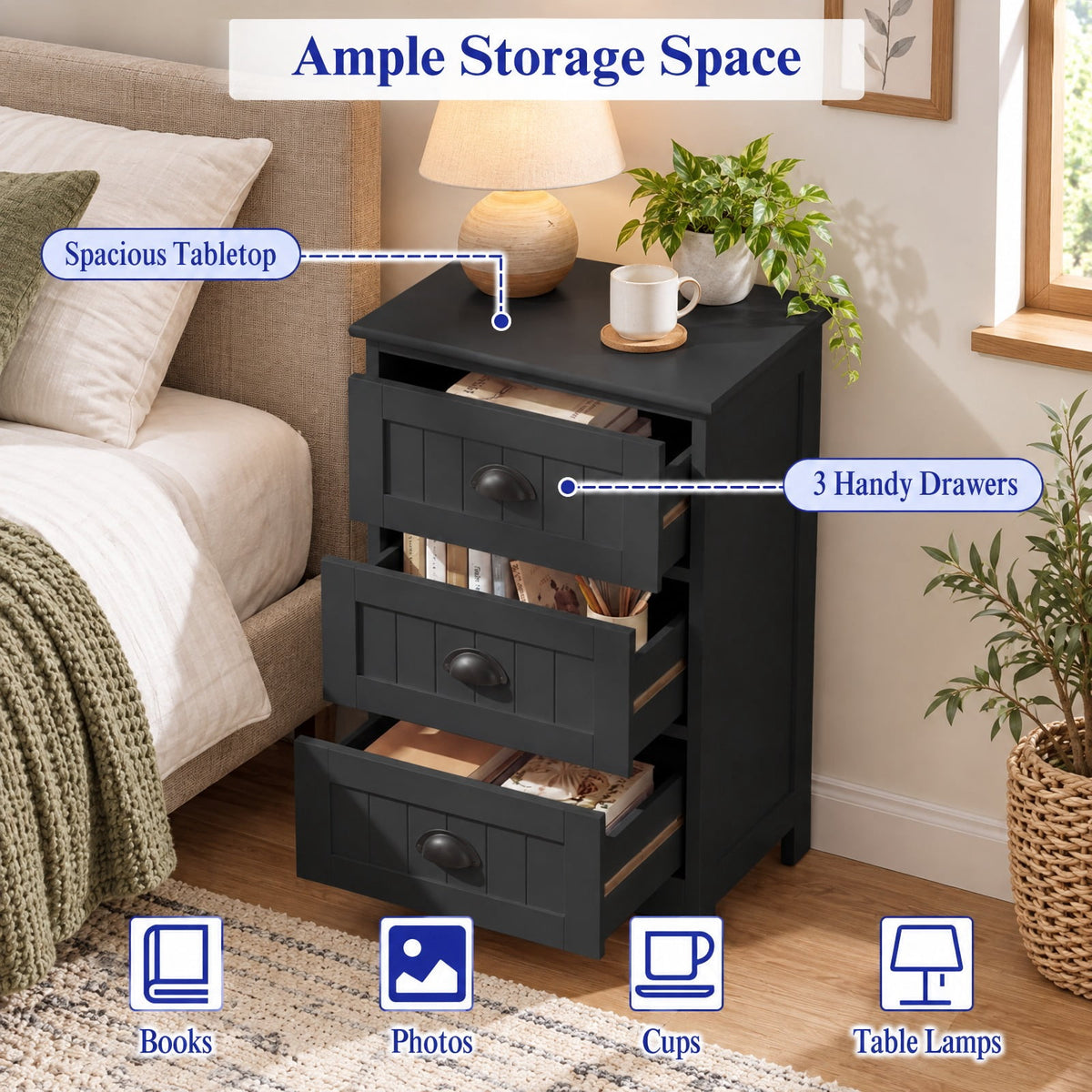 Airfind 3 Drawers End Storage Wood Side Nightstand, 88 lbs Capacity, P2 MDF Frame, 18 x 12 x 27 Footprint, Black