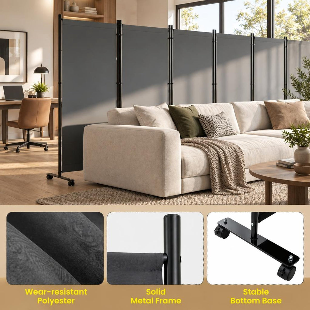 Airfind 6 Panel Folding Privacy Screen Room Divider with Wheels, Polyester Fabric Metal PP Frame, 205 x 12 x 71.5 Footprint, Gray