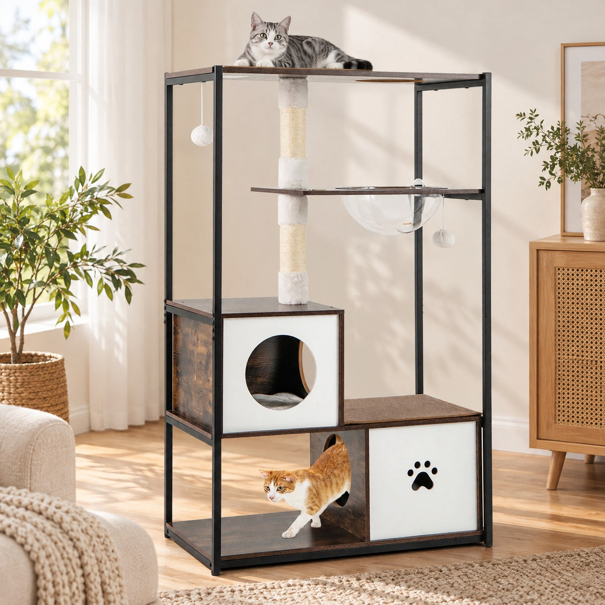 Airfind 52 Inch Tall Wooden Cat Tree Metal Frame with 2 Condos and Cushions, 33 lbs Capacity, 32 x 17.5 x 52 (L x W x H) Bottom Condo Footprint