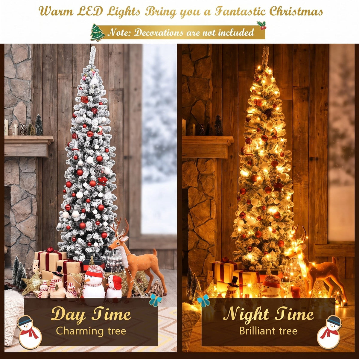 AIRFIND 7.5 ft Pre-Lit Pencil Christmas Tree with 350 Warm White LED Lights, 641 Flocked Branch Tips, Hinged Sections and Folding Metal Stand