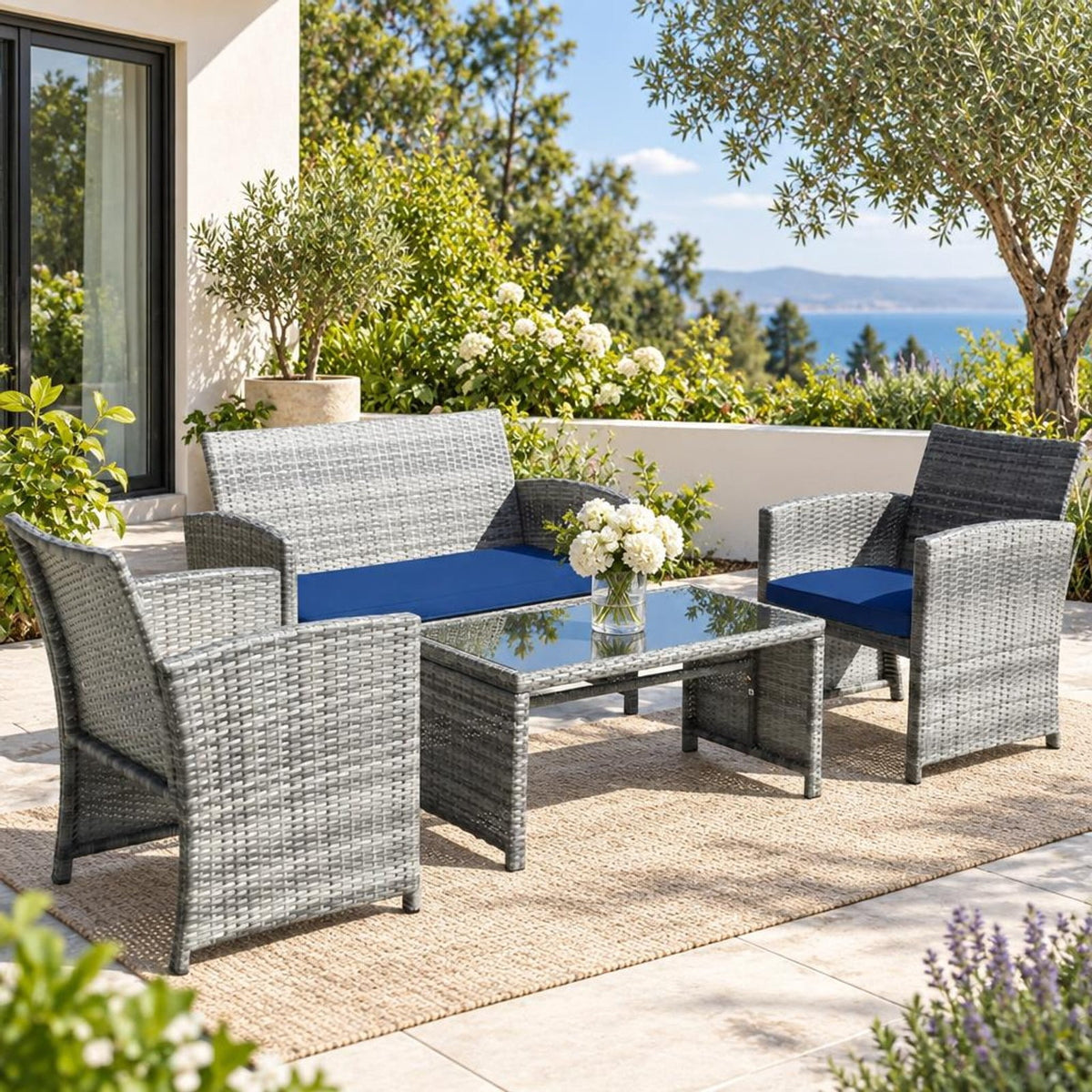 Airfind 4 Pieces Patio Rattan Furniture Set with Glass Table and Loveseat, PE Rattan Polyester Fiber Steel Sponge Single Sofa Frame, Navy