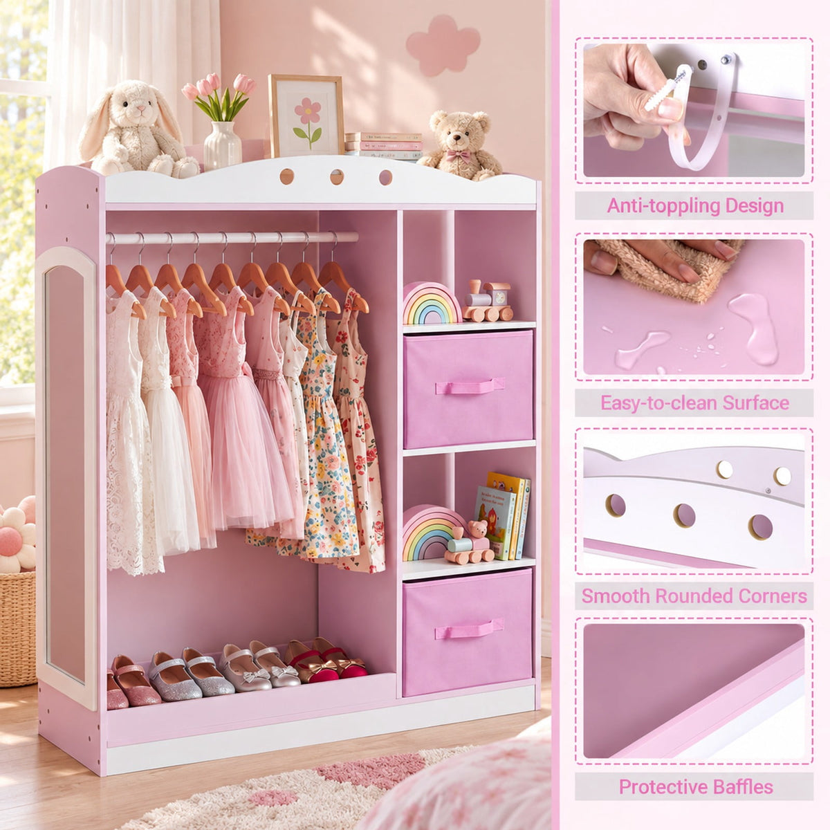 Airfind Kids Dress Up Storage with Full Length Mirror and Open Shelves, Engineered Wood Frame, for 3+ Years Old, 35.5in x 12in x 44in Footprint, Pink