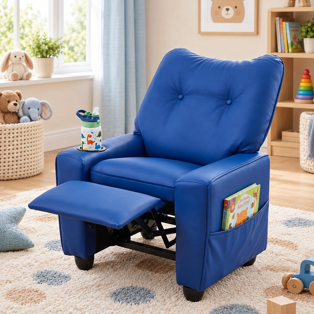 Airfind Youth Recliner featuring Cup Holder Armrests and Adjustable Backrest for Playroom, Wood Frame, 24 Inch x 21 Inch x 30 Inch Lying Footprint, Blue