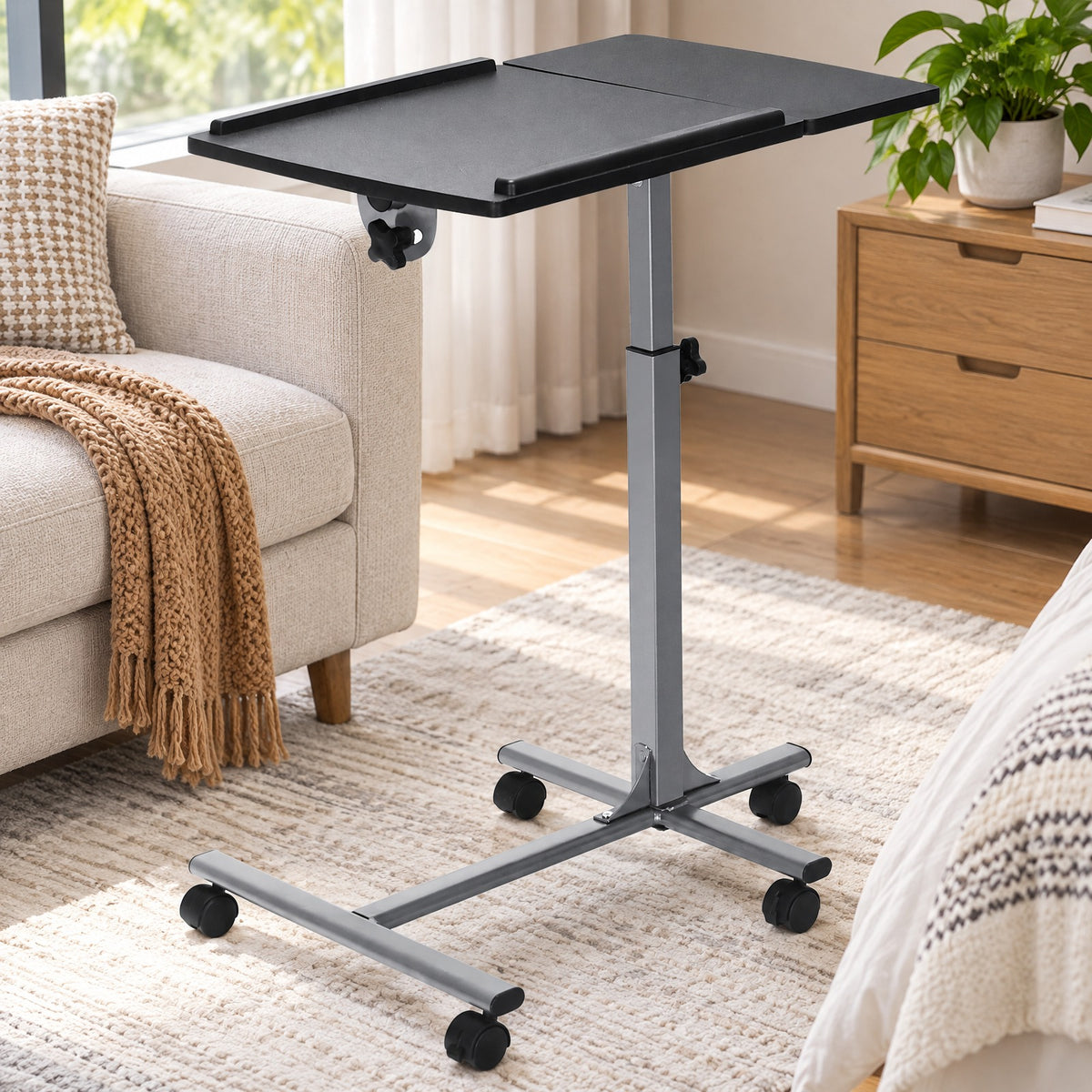Airfind Adjustable Angle Height Rolling Laptop Table, Steel (frame) Frame, 23.5 x 16 x 24.5-36 (L x W x Adjustable H) Steel tube Footprint