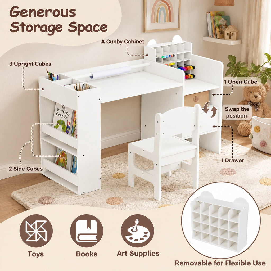 Airfind Kids Art Table and Chair Set with Detachable Paper Roll Holder and Cabinet, 66 lbs Capacity, MDF Frame, for 3+, White