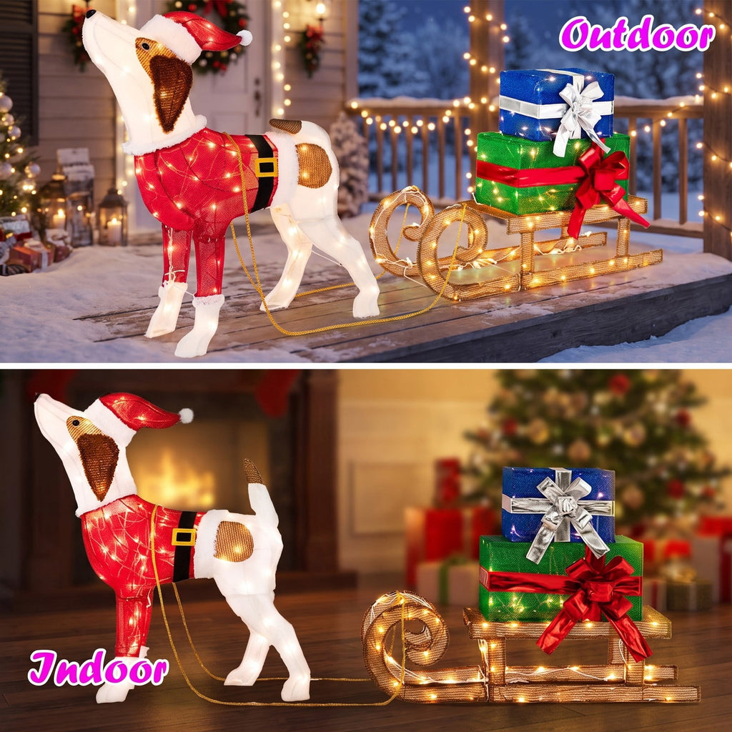 Airfind Outdoor Pre-lit Xmas Dog and Sleigh with 170 Warm Bright Lights for Porch, Fabric Metal