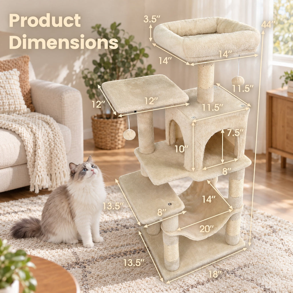 Airfind Multi-Level Cat Tower with 2-Door Condo and Padded Top Perch, PP Cotton Fabric Sisal Engineered Wood Overall Height 44 Base Frame, Beige