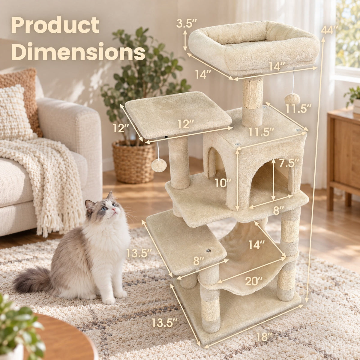 Airfind Multi-Level Cat Tower with 2-Door Condo and Padded Top Perch, PP Cotton Fabric Sisal Engineered Wood Overall Height 44 Base Frame, Beige