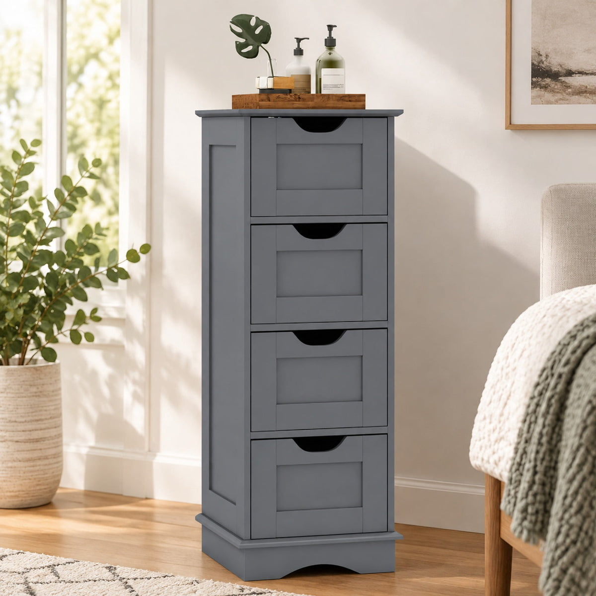 Airfind Bathroom Storage Cabinet, with Cutout Handles and 4 Drawers, 33 lbs Capacity, MDF Frame, 12 Inch x 12 Inch x 32 Inch Footprint, Gray