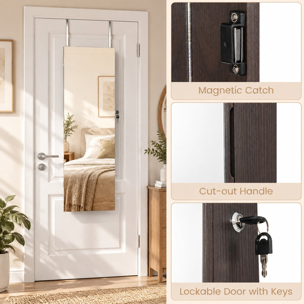 Airfind 43.5 Inch Jewelry Mirror Cabinet with Full-length Mirror and Adjustable Hangers, MDF Frame, Dark Brown