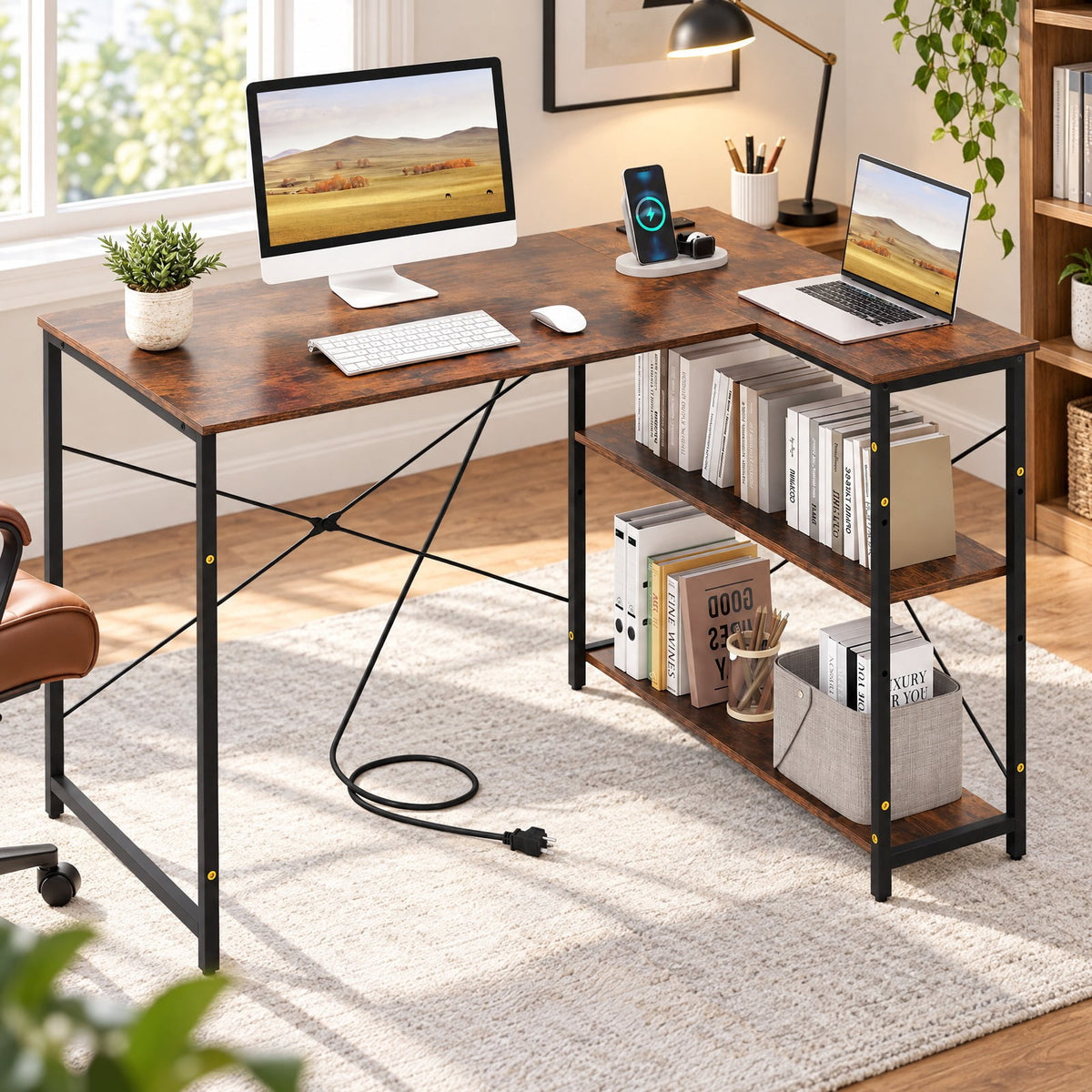 Airfind L-shaped 47 Inch Reversible Corner Desk with Adjustable Storage Shelves, 240 lbs Capacity, Engineered Wood Metal Frame, Brown
