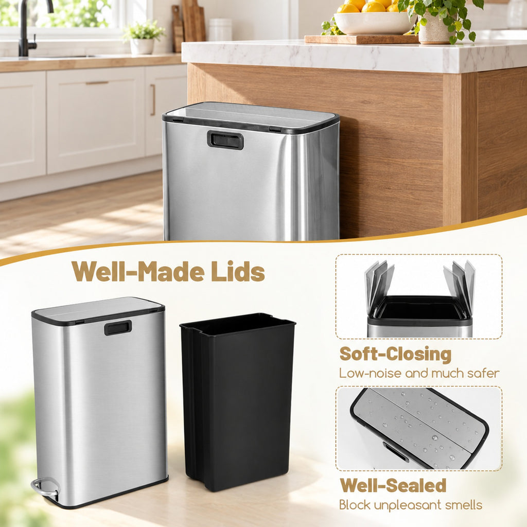 Airfind 12 Gal Stainless Steel Trash Can with Soft-Closing Wing Lids, Stainless Steel PP Frame, Silver