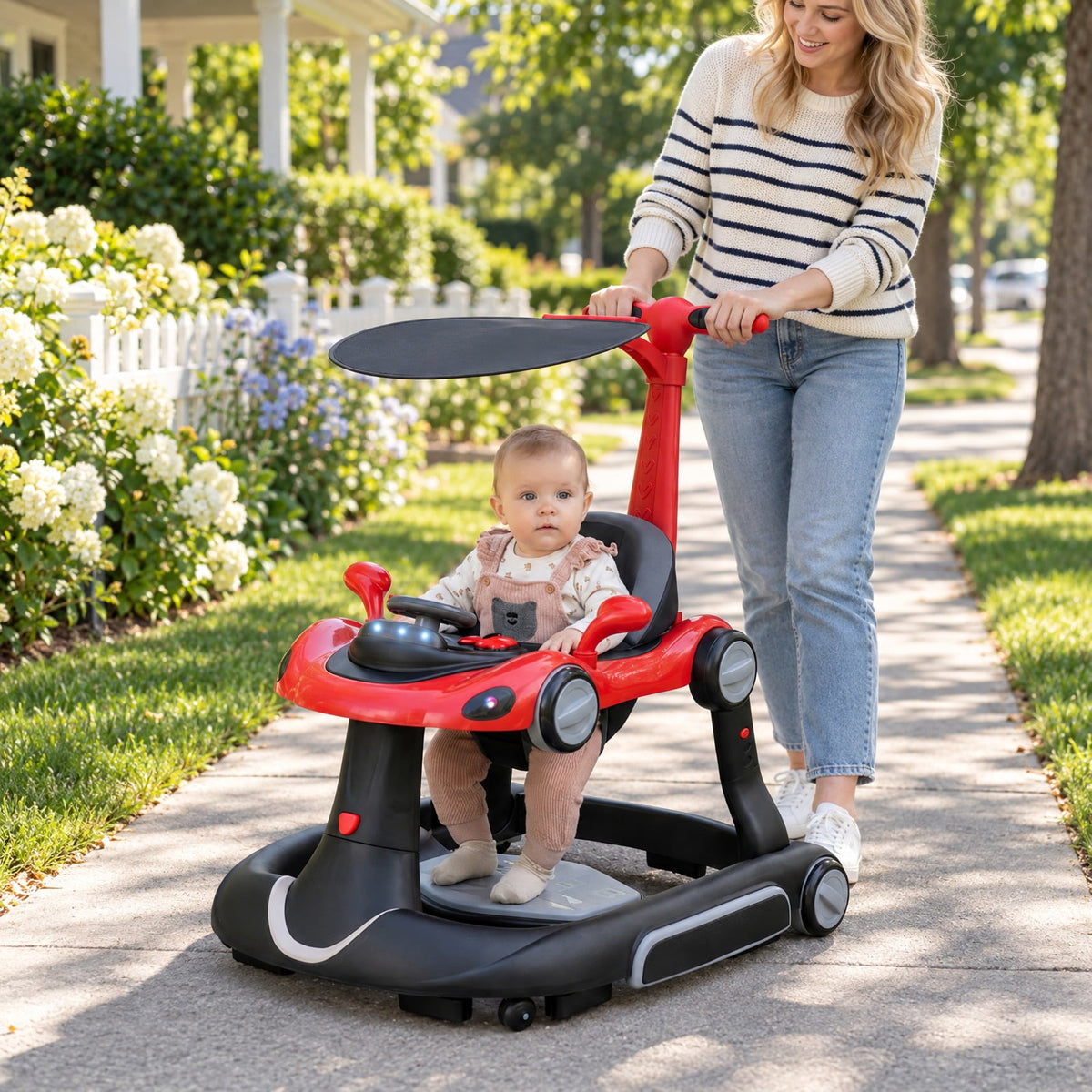 Airfind 6-in-1 Baby Walker with Canopy Portable Activity Center Bouncer Rocker Combo with Music, 27 lbs Capacity, PP ABS Fabric Sponge Frame, Red
