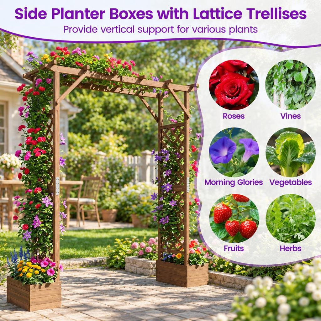 Airfind 87in Tall Wooden Garden Arbor with Planter Boxes and Hanging Roof for Climbing Plants, 44 lbs Capacity, Fir Wood Frame, Orange